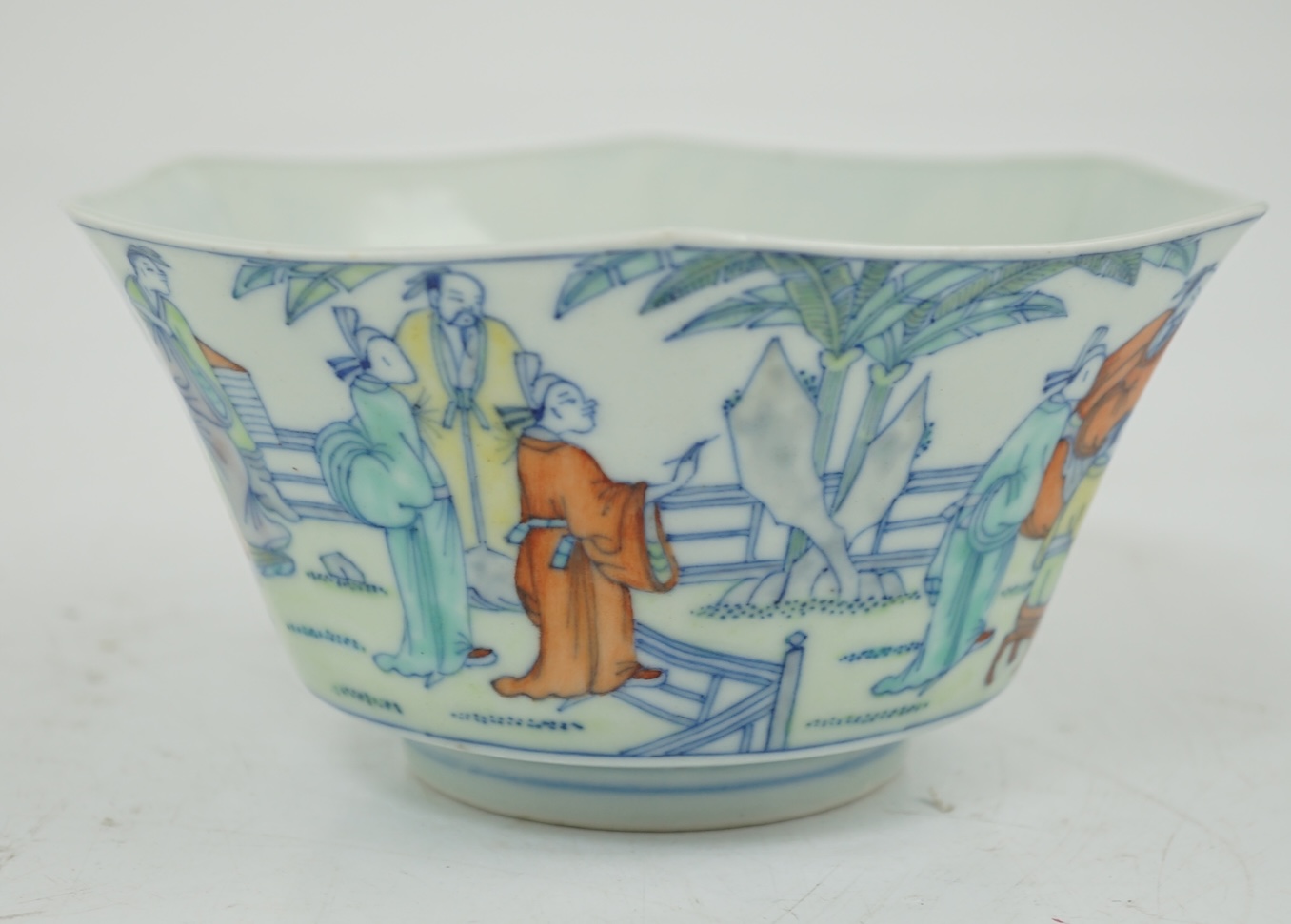 A Chinese doucai ‘scholars’ hexagonal bowl, Jiaqing mark and probably of the period (1796-1820)